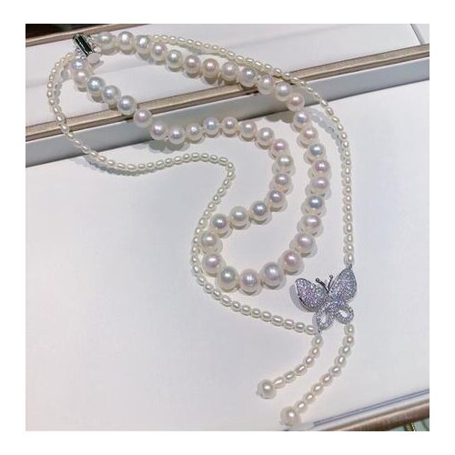 Hand knotted natural 2rows white freshwater pearl butterfly accessories necklace fashion jewelry