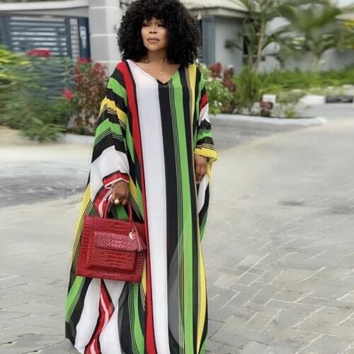 Chiffon African Dress Women Loose Batwing Sleeve Colorful Striped Robes Summer New Fashion Streetwear African Maxi Dress Vestido