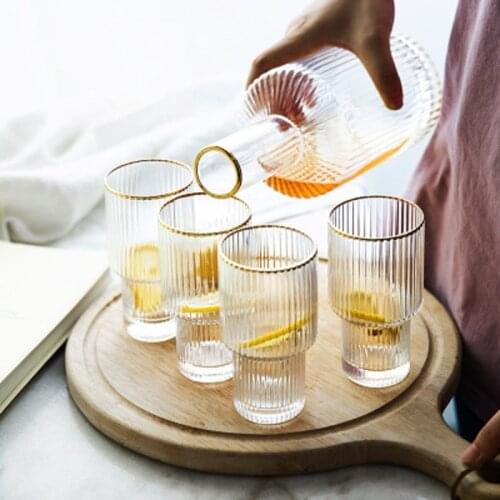 Nordic Water Bottle Glass Cups Gold Vertical Stripe Glass Tea Cup Creative Fruit Juice Drinking Heat-Resistant Water Cup Set
