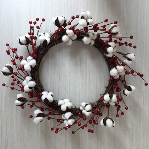Natural Cotton Boll Red Berries Twig Wreath 2019 New Design Christmas Festive Door Decoration