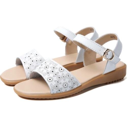 Flower Sandals for Woman Leather Womens Sandals Rubber Sole Summer Shoes Elegent Female Flats Beige White Size 35-41