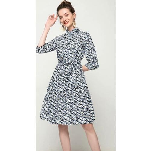 Lapel 3/4 Sleeve Lace Floral Dress High Quality Knee Dress 2021 Spring Summer New Fashion Women