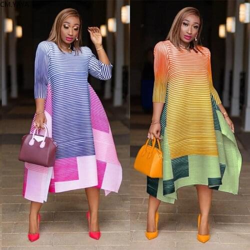 CM.YAYA Women Summer Gradient Striped Splicing O-neck Short Sleeve Loose A-line Dress Vintage Club Party Dresses
