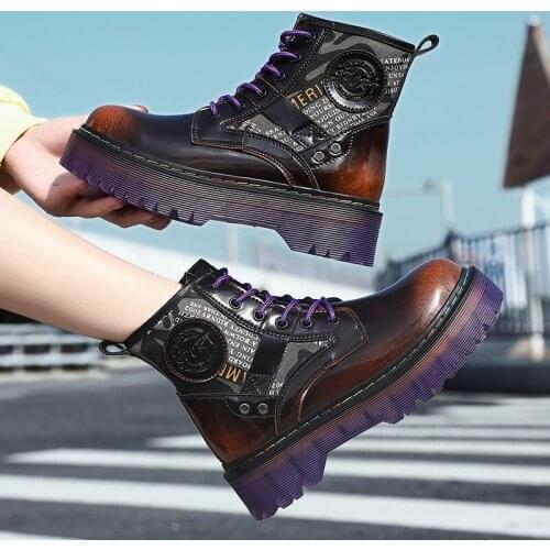 Winter Fashion Print Platform Boots Women Couple Lace-up Martin Boots Women Genuine Leather Ankle Boots Woman Botas Mujer 2020