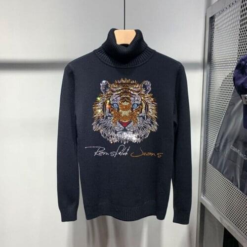 Winter Tiger Pattern Diamond Handsome Cashmere Pullover Soft Fabric Knitted Mens Turtleneck Sweater Fashion Sweatshirt