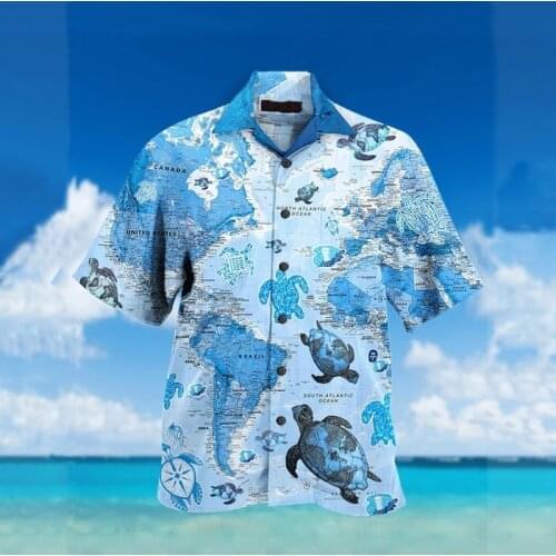 2021 Turn-down Collar Short Sleeve 3D Printing Mens Shirts Light Blue Turtle Map Single Breasted Cartoon Loose Beach Shirts