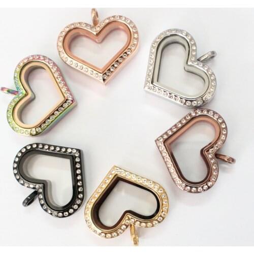 5pcs Stainless Steel Heart Crystal Floating Locket Pendant Living Floating Charm Locket For Girl Gift