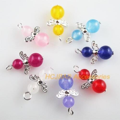 8Pcs Mixed Round Stone Angel Silver Plated Wings Charms Pendants 14x23mm