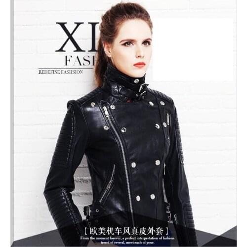Free shipping, new Brand fashion black Genuine leather women slim jackets.plus female 100% sheepskin biker jacket,sales