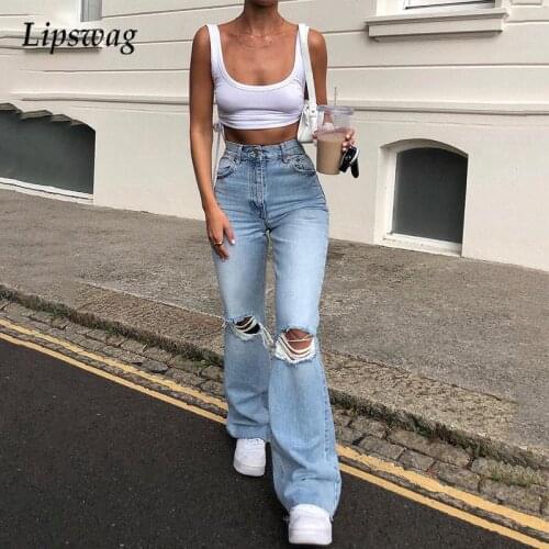 Vintage Women Solid Lady Casual High Waist Trouser Autumn Elegant Denim Flare Pant Fashion Pocket Ripped Tassel Jeans Streetwear