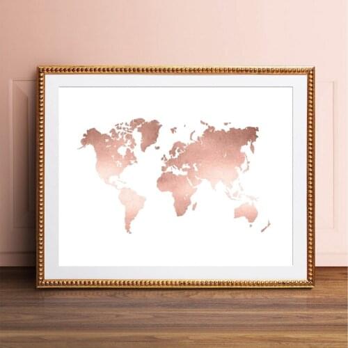 Rose Gold World Map Print Office Decor ,Modern Minimalism World Map Poster Canvas Painting for Living Room Home Wall Art Picture