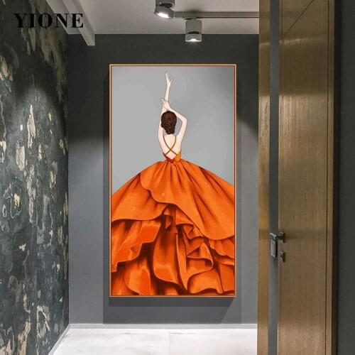 Orange Dress Woman Back Dancer Painting Custom Modern Canvas Wall Art Picture for Living Room Home Decoration Posters and Prints