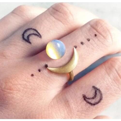 Celestial Half Moon Phases Ring with Opal Raw Stone Astrology Jewelry Adjustable Rainbow Opal Finger Open Crescent Ring JZ-776