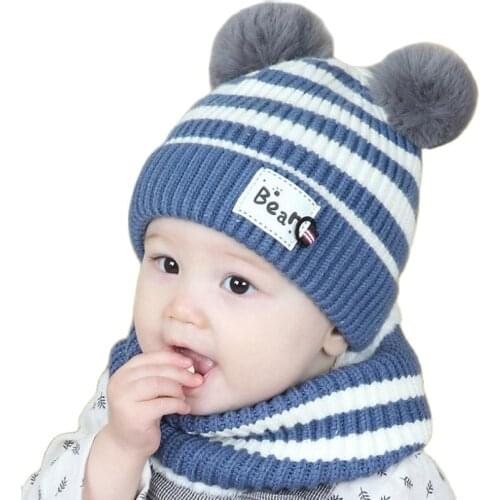 Doitbest 6 momths to 3 Y kids Beanie Striped hair bull kids boys Knitted fur hats winter 2 pcs baby wool boy girl hat scarf set