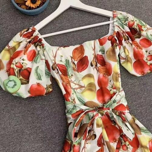 Fashion Summer Runway 2021 High Quality Slash Neck Fruit Print Colorful Belt Midi Elegant Party Holiday Dress