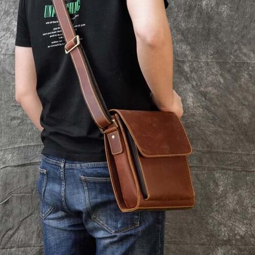 Mens Vintage Genuine Leather iPad Messenger Bag Thick Cow Leather Shoulder Bag Small Casual Crossbody Bag Cowhide Briefcase