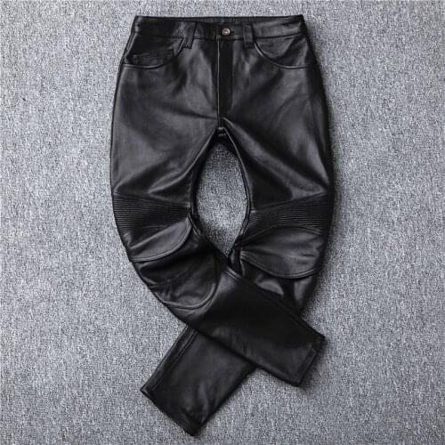 Autumn Winter Chic Mens Genuine leather pants High quality cow leather biker pants C756