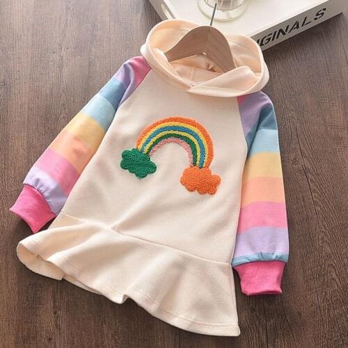 Girls Princess Dress Autumn 2021 New Spring Party Dress Sweet Hooded Children Clothing Cute Rainbow Colorful Kids Girl Dresses
