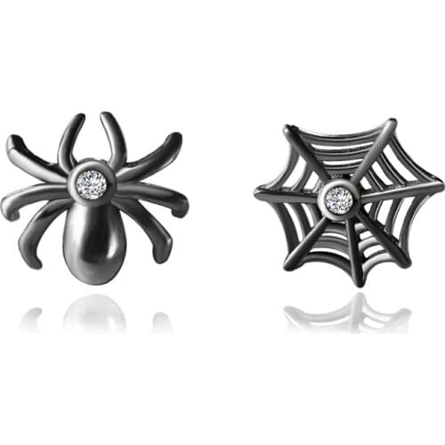 Asymmetric Rock Punk Earring Vivid Black Spider Mesh Real 925 Sterling Silver Earrings Black Small Earring for Women Men Jewelry