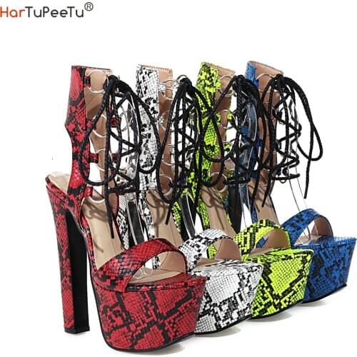 Night Club Pump Women 2021 Summer Party Sandals Snakeskin PU Leather Rings Cross Lace-Up 6.5cm Platform Shoes Large Size 46