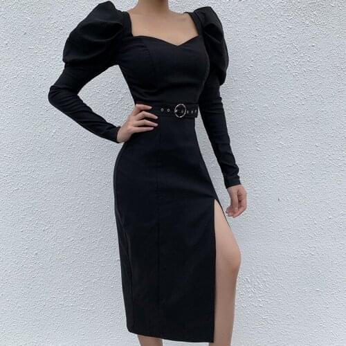 Urifens Deep V Neck Pull Sleeve Women Dress 2021 Autumn Split Belt Black Maxi Bodycon Dresses Casual Elegant Party Dresses BT90U