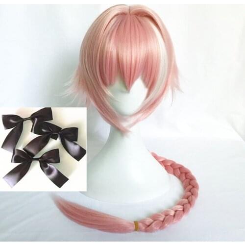 High Quality Anime Fate/Apocrypha Astolfo Cosplay Wigs Heat Resistant Synthetic Hair Pink Braided Cosplay Wig + 3 Black Bowknots