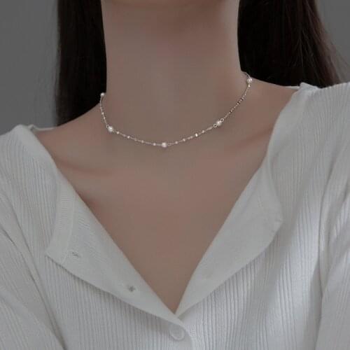 Enosola 925 Sterling Silver Women Link Chain Necklace Pearl Chain Choker Necklace Collares Engagement Wedding Jewelry