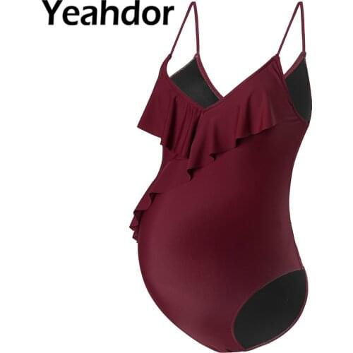 Womens Maternity Swimwear Pregnant One Piece Swimwear Halter Deep V Neck Ruffle Swimming Bathing Suits Female Monokini Beachwear