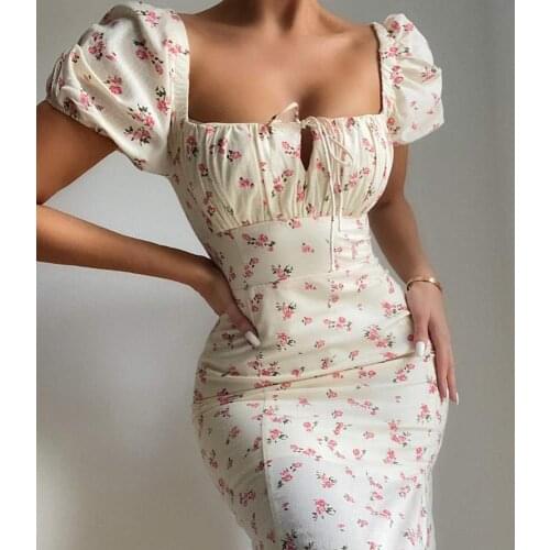 Summer Fashion White Elegant Ladies Backless Clothes Puff Sleeve Floral Print Slit Long Dresses For Women Sexy Party Dresses y2k