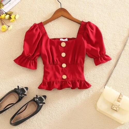 2020 summerWomen Harajuku Short Ruffles Sleeve Shirt Crop Top Sexy square neck Street Wear Solid Femme short Sleeve Shirt New