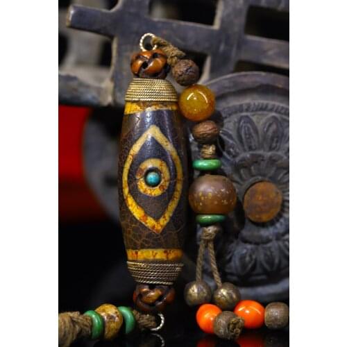 3"Nepal Buddhism Old Natural agate Filigree mosaic gem Dzi Bead Eyeball Town House Exorcism Ward off evil spirits