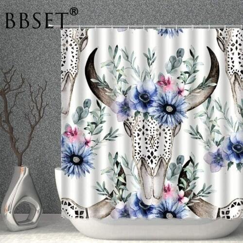 Bull Skull Shower Curtain Watercolor Bulls Head with Floral Leaves Pattern Waterproof Multi-size Douchegordijn Bathroom Decor