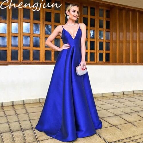 Chengjun Elegant Sexu Back Open Wholesale A Line Blue Long Evening Dress For Women