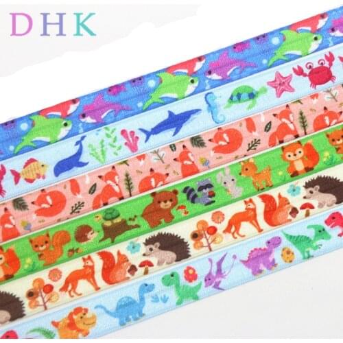 DHK 5/8'' 5yards fox shark dinosaur animals printed Fold Elastic FOE stretch ribbon hairbow headwear headband DIY OEM C1634