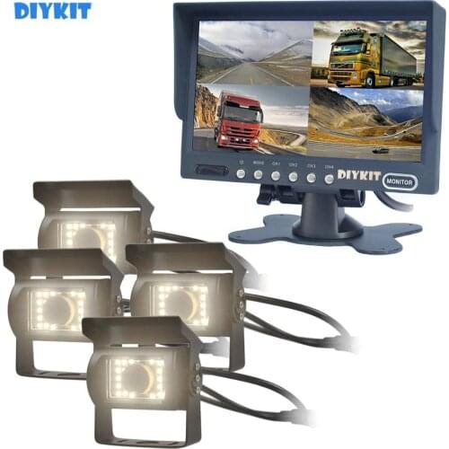 DIYKIT 7" 4 Split QUAD Backup Rear View Car Monitor +Waterproof LED Reversing Rear View Camera for Truck Bus
