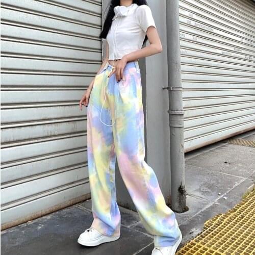 Womens New Tie-Dye Streetwear Wide-Leg Denim Pants Jeans