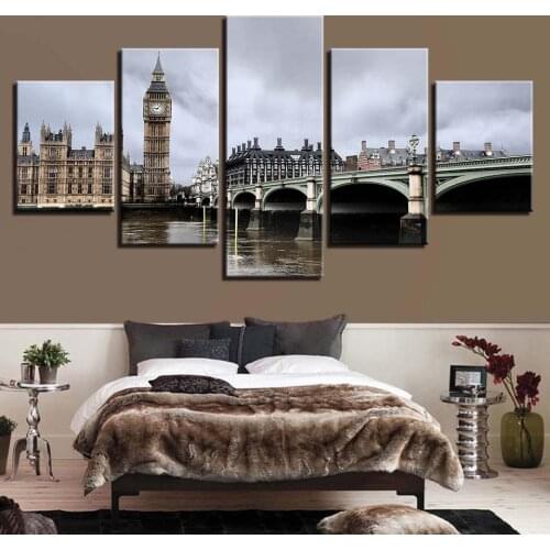 Canvas Paintings Home Decor Wall Art Pictures 5 Pieces London Big Ben Bridge Elizabeth Tower Poster For Living Room(No Frame)