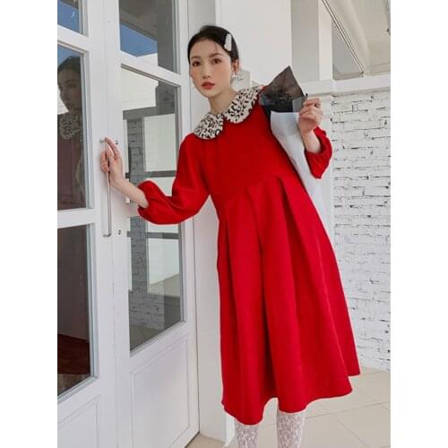 Red Vintage Doll Collar Dress Women Puff Sleeve Midi Long Sleeve Spring Autumn Ladies Dress Korean Fashion