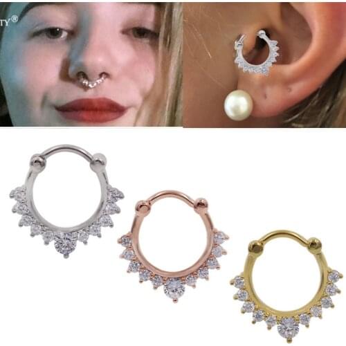 Hot Rose HoGold-Color 1PC Nose Ring Lacey Opal Gem Septum Ring Rook Clicker Titanium Shaft 16G Nose Hanger Body Piercing Jewelry