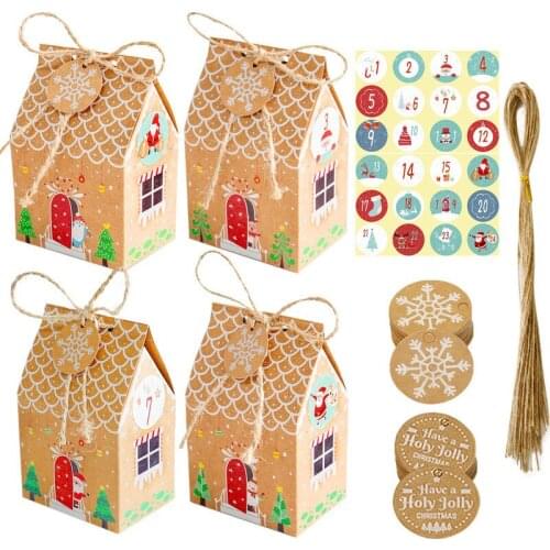 24set Christmas Cartoon House Shape Candy Bags Santa Claus Cookies Bag 1-24 Advent Calendar Sticker Hemp Noel Supplies 2021 New