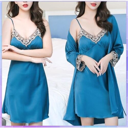 Sexy Lace Pajamas Set Women 2Pc Strap Top Dress Ice Silk Sleepwear Sleep Suit Spring Autumn Home Wear Nightwear Robe Gown