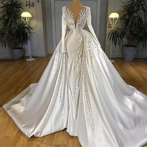 Serene Hill Muslim White Mermaid Satin Wedding Dresses 2021 Beading Pearls Elegant Bride Gowns HM67215 Custom Made