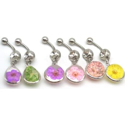 Newest Style Fashion Belly Bar Navel Flower 316l surgical Steel Belly Button Piercing Pendant Glass ball Water droplets