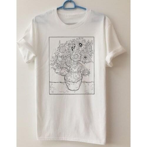 HAHAYULE-JBH Van Goghs Famous Painting Sunflower Printed T Shirt Art Printing Sunflower Line Tees Women Short Sleeve Cotton