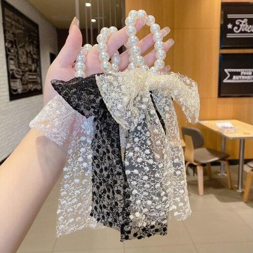 2021 New Fashion Sweet Boutique Pearl Lace Bow Hair Ring Elastic Hair Bands for Women Girl Accessories Headwear