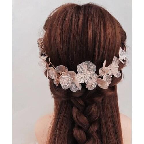 Romantic Light Pink Flower Headbands for Women Bridal Headpiece Back Headdress Crown Tiaras Wedding Engagement Hair Accessories