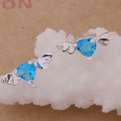AE275 Lucky Silver Color Earrings For Women Jewelry Women Accessories With Wings Blue Heart /aqcajhja Aneajela