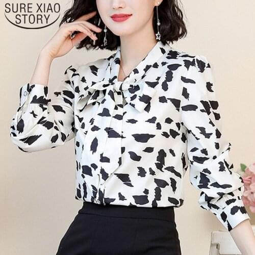 Blusas Mujer De Moda 2021 Autumn New Bow Tie Chiffon Women Shirts Floral Cardigan Shirts Women Blouses Slim Plus Size 6797 50