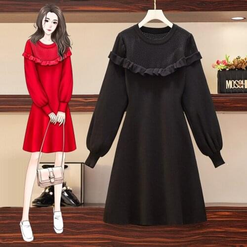 EHQAXIN Womens Knitted Dress Fall Winter Vintage Round Neck Hollow Sweater Sweet Wood Ear Lantern Sleeve A-Line Dress L-4XL