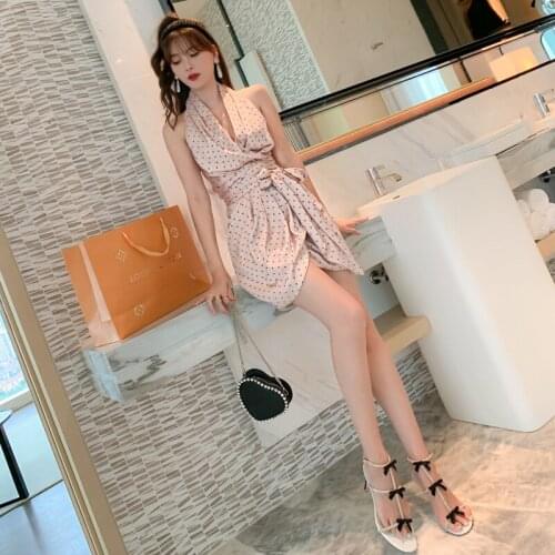 Summer Sleeveless Halter Backless Women Club Asymmetrical Dress Up Lace Sexy Party Dresses Bandage Elegant Dot Dress Vestidos